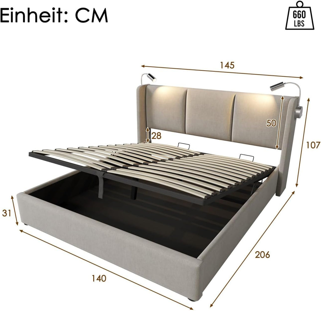 Sweiko Rembourré Cadre de Lit 140x200 cm avec éclairage LED sommier et Rangement à Lattes,USB Chargement, Linen sans Matelas