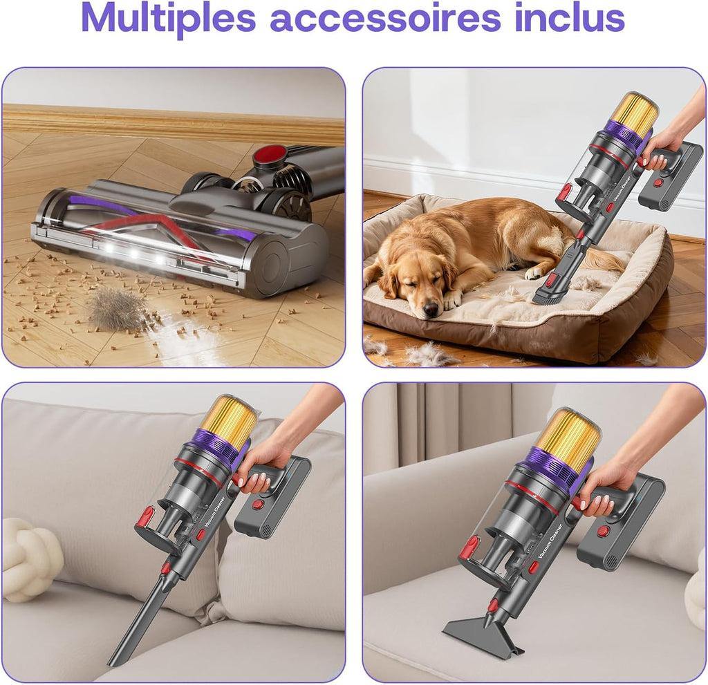 V16 Aspirateur Balai sans Fil 55Kpa/600W/80Mins, Aspirateur sans Fil Puissant, Écrans Tactiles LED, Mode Automatique, Brosse Anti-Emmêlement pour Tapis, Sols Durs et Poils d'animaux