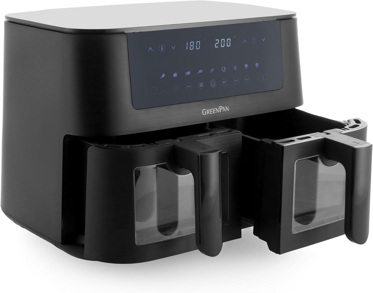 GreenPan Bistro Airfryer XL 11en1,2 Paniers à Friteuse sans Huile (2 x 4L),Intérieur Antiadhésif en Céramique sans PFAS,Chauffage Rapide,Préréglages Multifonctions,Arrêt automatique,Affichage LED,Noir