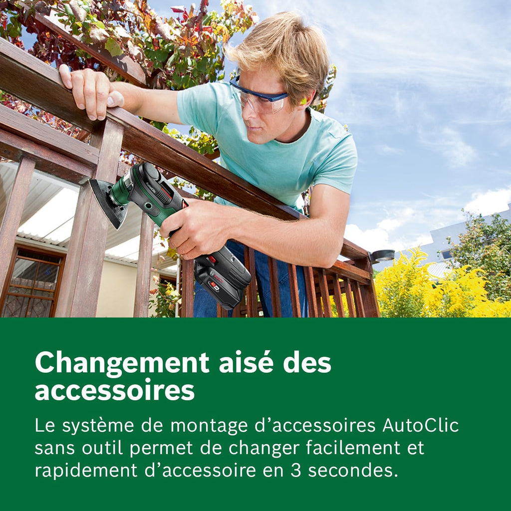 Bosch outil multifonctions sans fil AdvancedMulti 18 (Batterie, chargeur, plateau de ponçage triangulaire, feuilles abrasives, 2 lames de scie, poignée supplémentaire, coffret, système 18V, 2,5 Ah)