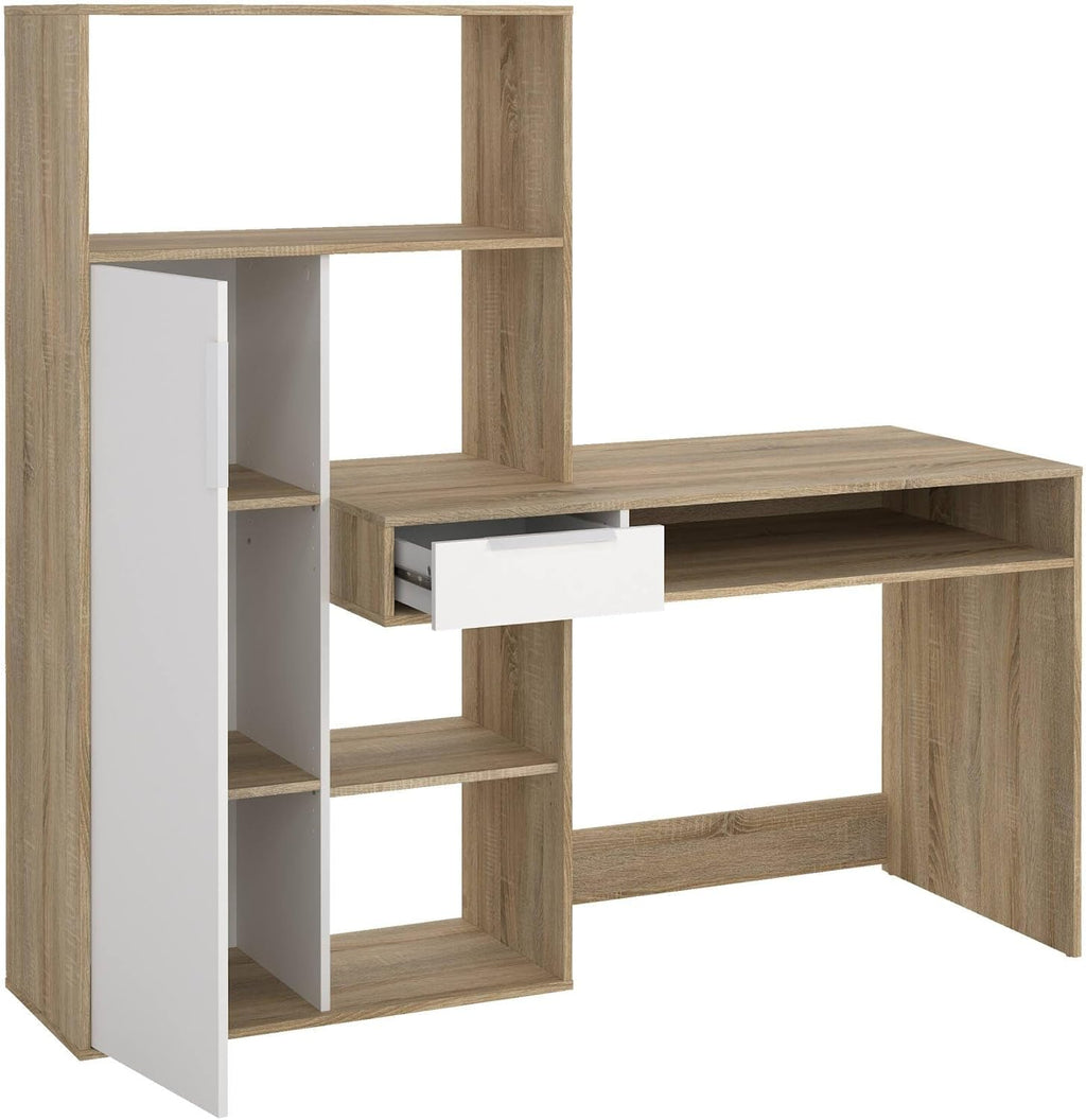 Dmora - Bureau multifonction avec bibliothèque, tiroir et porte, coloris blanc et chêne, 162 x 155 x 60 cm