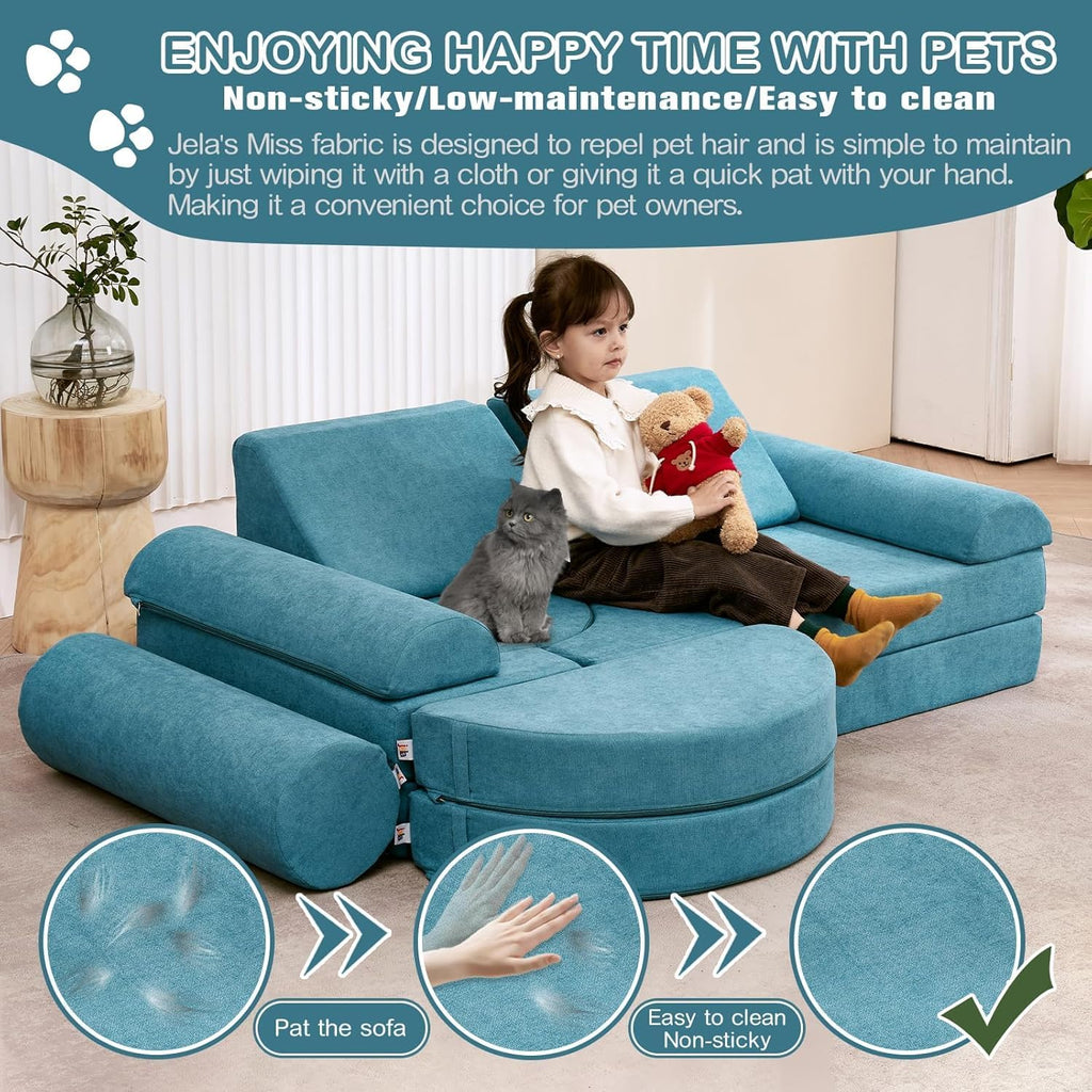 jela Canapé pour enfant, 14 pièces, modulable, en mousse, coin douillet dans la chambre d'enfant, pour jouer, être créatif, dormir, bleu sarcelle