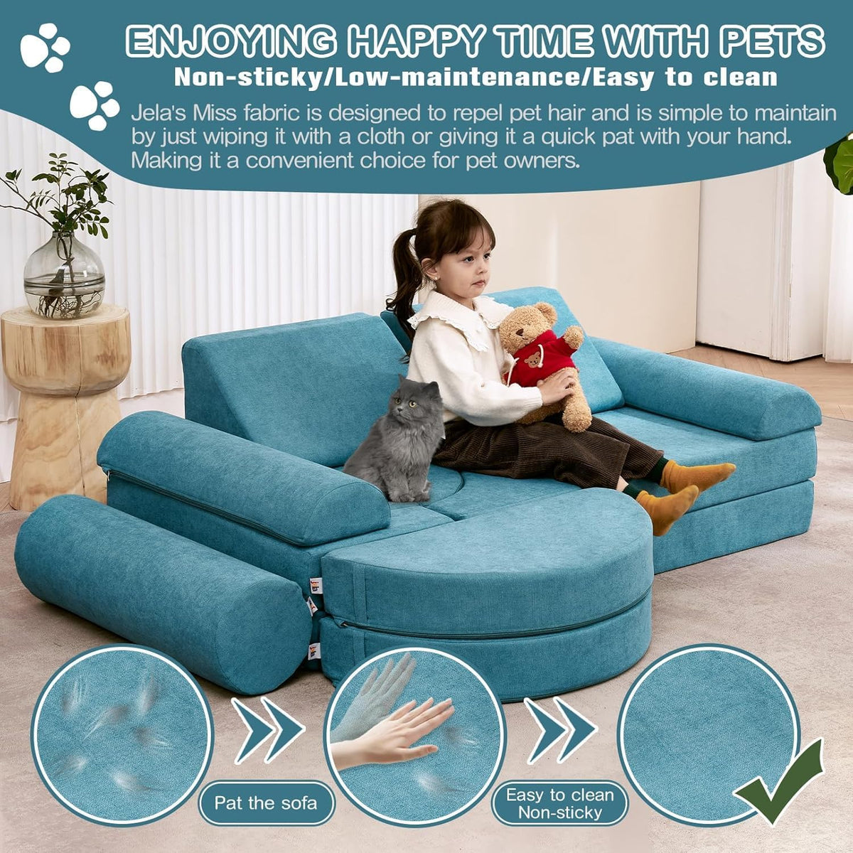 jela Canapé pour enfant, 14 pièces, modulable, en mousse, coin douillet dans la chambre d'enfant, pour jouer, être créatif, dormir, bleu sarcelle