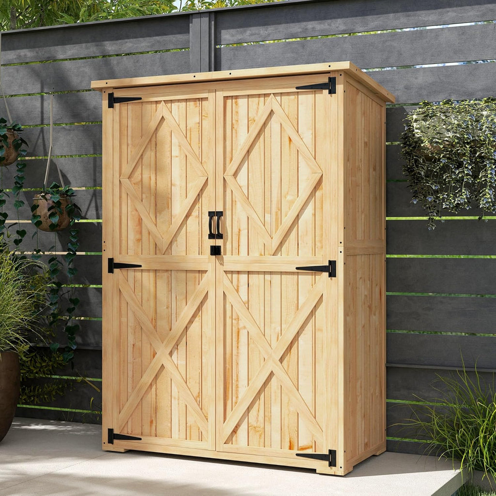 Outsunny Armoire de jardin en bois, abri de jardin avec double porte verrouillable, toit en asphalte, étagère 116,5x57x167cm, résistant aux intempéries, abri de jardin pour le jardin, la terrasse,