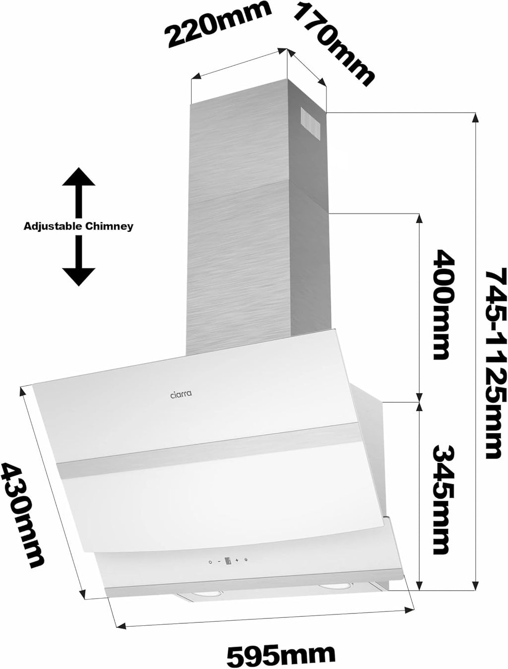 Ciarra ASW6736N Hotte Inclinée 60cm A+++ 650 m3/h - Commande Tactile et Wi-Fi - 4 Vitesses et Boost - Filtre à Charbon CBCF003 Inclus - Blanche