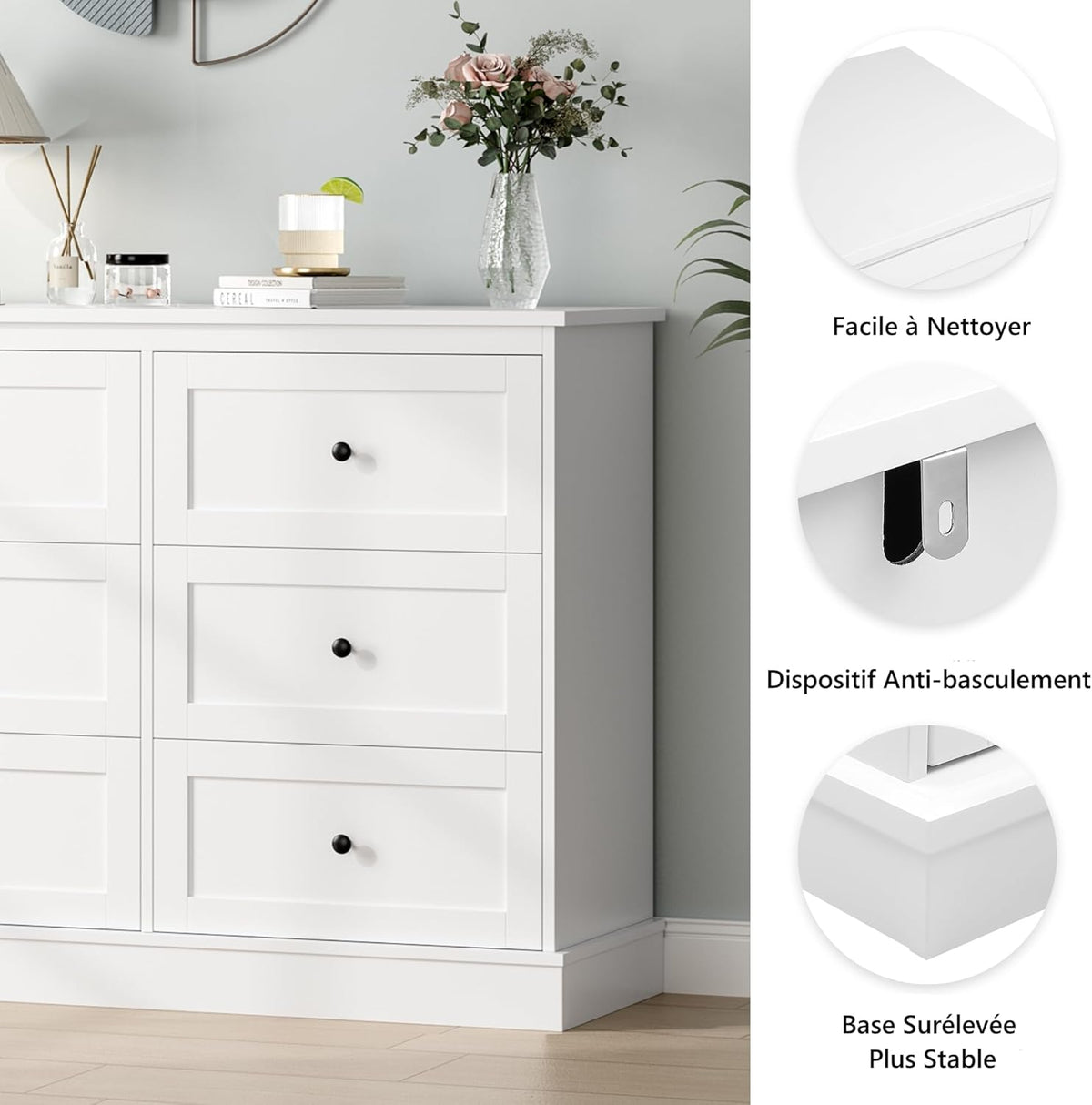 FOREHILL Commode Chambre Blanche Commode 6 Tiroirs Meuble de Rangement Chambre Adulte en Bois, Style Moderne 108x40x87cm