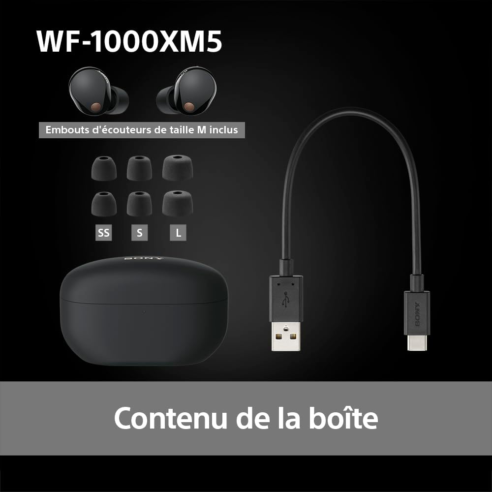 WF-1000XM5 écouteurs sans Fil à réduction de Bruit, Bluetooth, Intra-Auriculaires avec Micro, 36 Heures d'autonomie, Charge Rapide, IPX4, Compatible iOS et Android - Noir