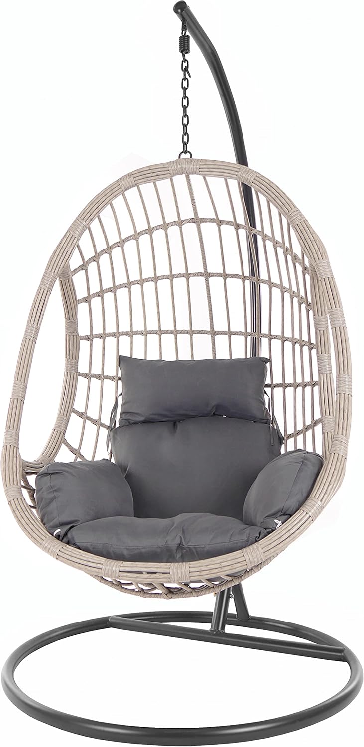 Kideo Ensemble complet : grand fauteuil suspendu avec armature et coussins, fauteuil oscillant en polyrotin, meuble lounge gris beige