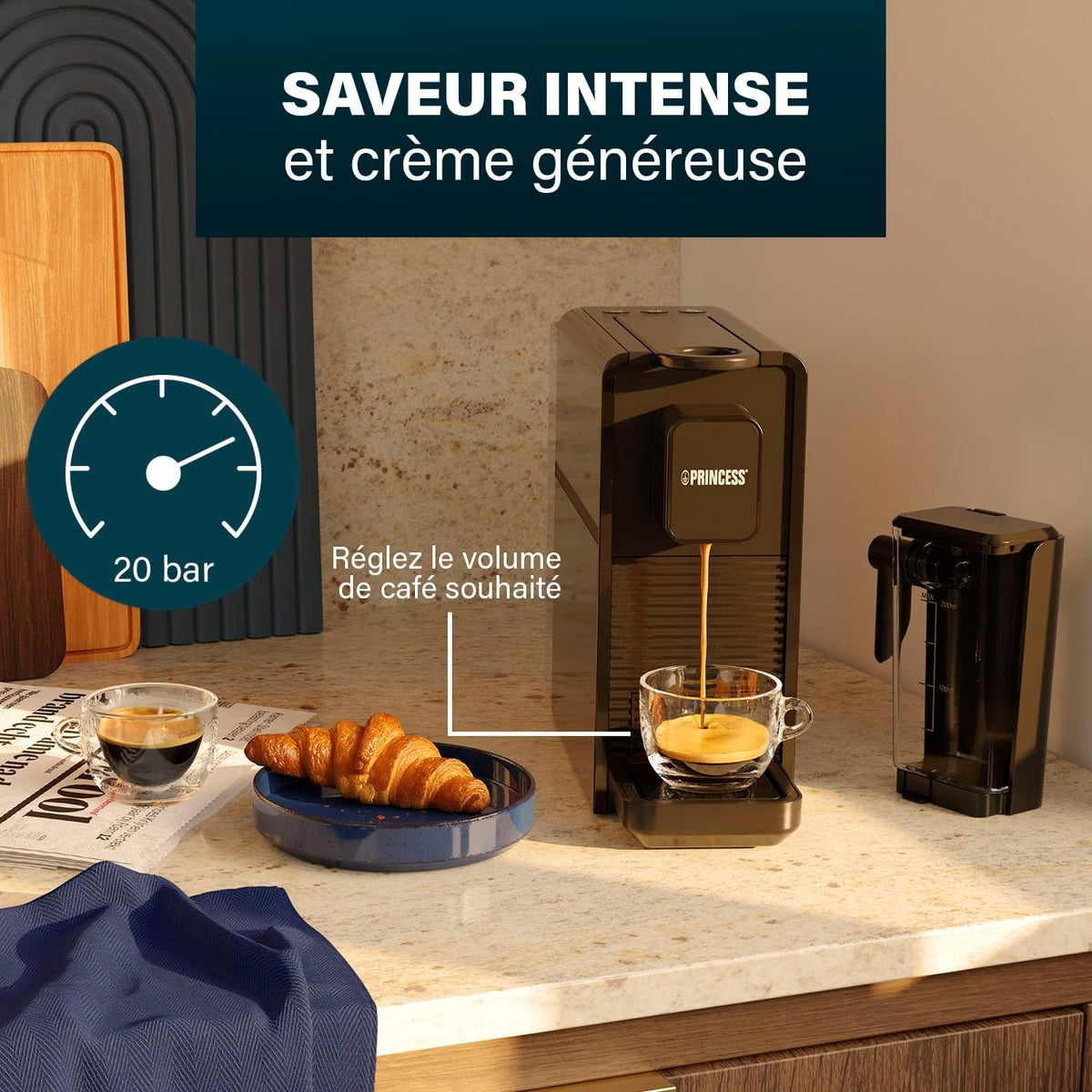 Princess Capsule and Latte Pro Machine à Café à Capsules, Compatible Nespresso, Lait Automatique, 20 Bars, 1400W, Sans BPA, Pièces Lavables, Arrêt Automatique, 01.249455.01.001