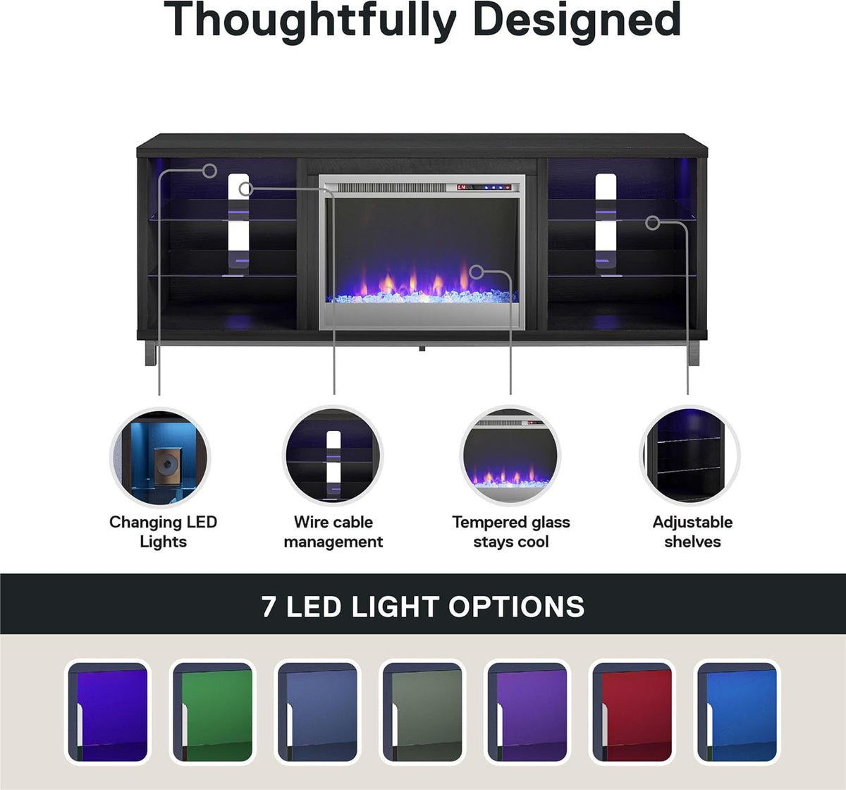 Ameriwood Home Meuble TV avec cheminée Lumina, chêne Noir, pouvant accueillir des téléviseurs jusqu'à 70 Pouces, Meuble multimédia Moderne avec éclairage LED RGB