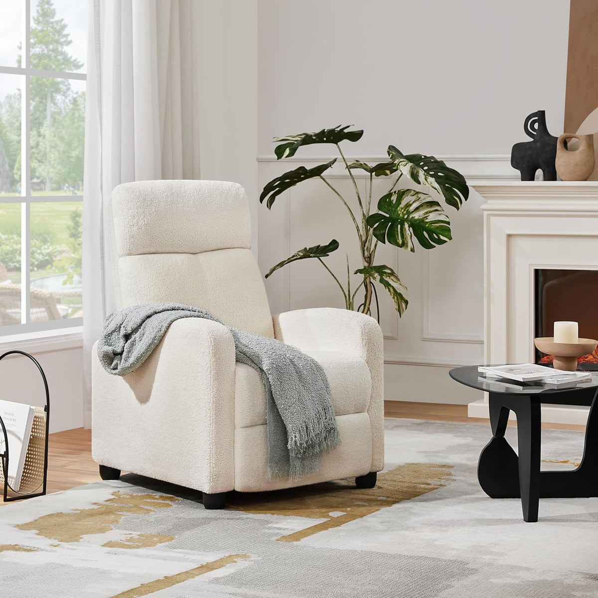 Yaheetech Fauteuil de Relaxation Chaise de Détente Siège de Canapé Fauteuil en Tissu Bouclette Doux avec Repose Pied/Chambre à Coucher/Home Cinéma/Salon Ivoire