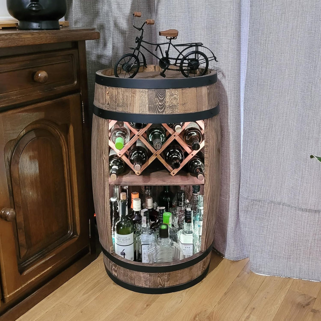 weeco Tonneau Bar en Bois avec Éclairage LED RGB – Casier à Vin avec 2 Étagères et Porte-Bouteilles – Bar Meuble Rustique – 80x50cm – Marron Foncé
