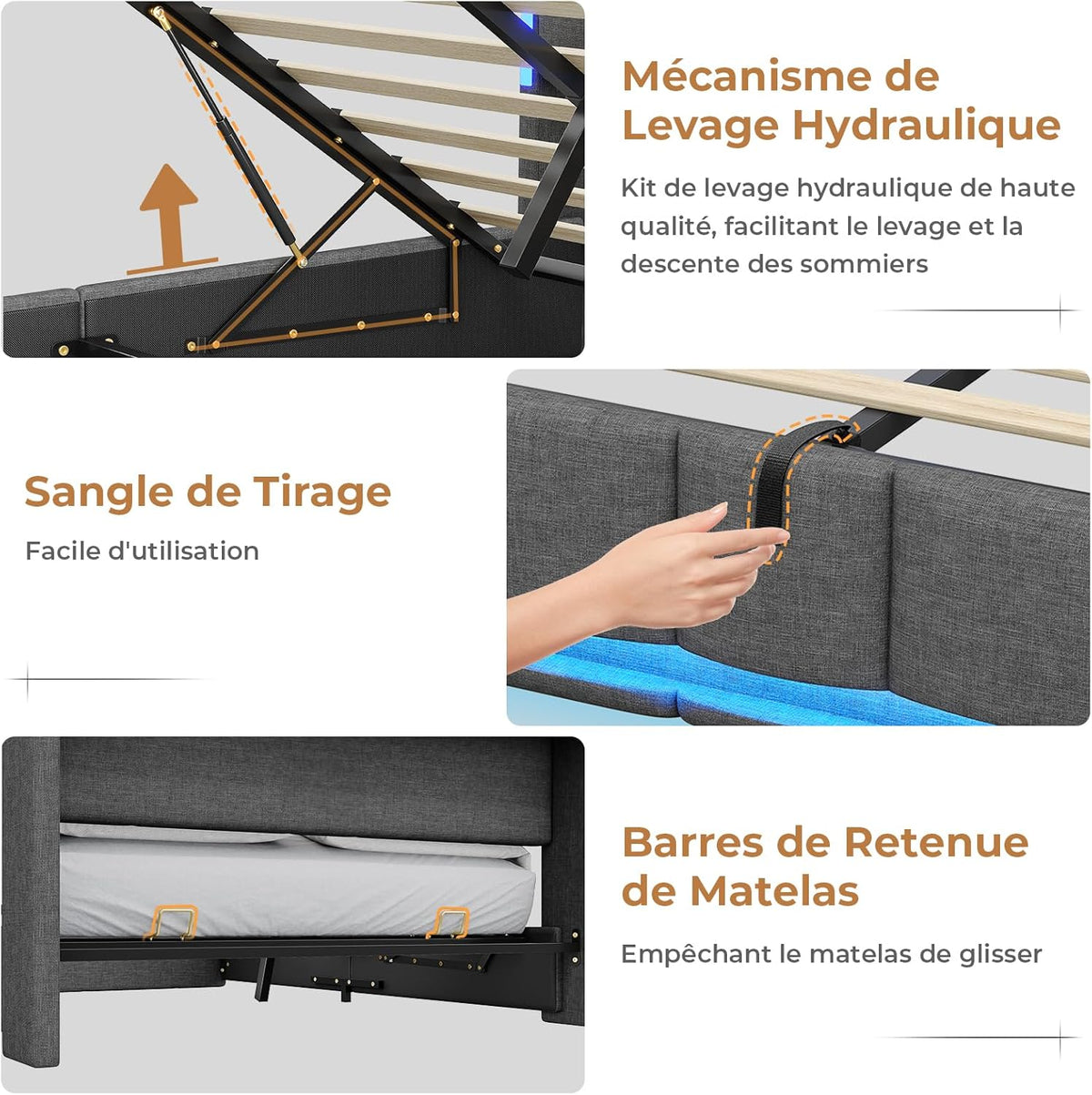 AOGLLATI Lit Coffre 140x190 CM, Lit Double avec LED et Ports USB, Cadre de lit avec Tête de Lit capitonné et Rangement, Lattes en Bois, Lin Gris Foncé sans Matelas
