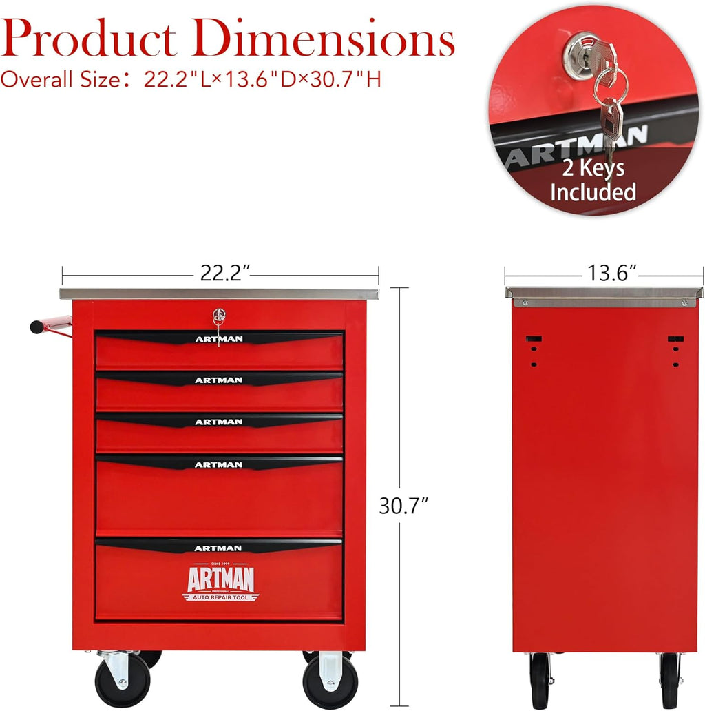 ELIHGTBY Servante d'Atelier Vide à 5 Tiroirs, Chariot d'Outils Robuste sur roulettes - Établi Mobile avec Verrouillage Centralisé, Armoire de Rangement pour Garage, Servante Atelier Rouge et Noir