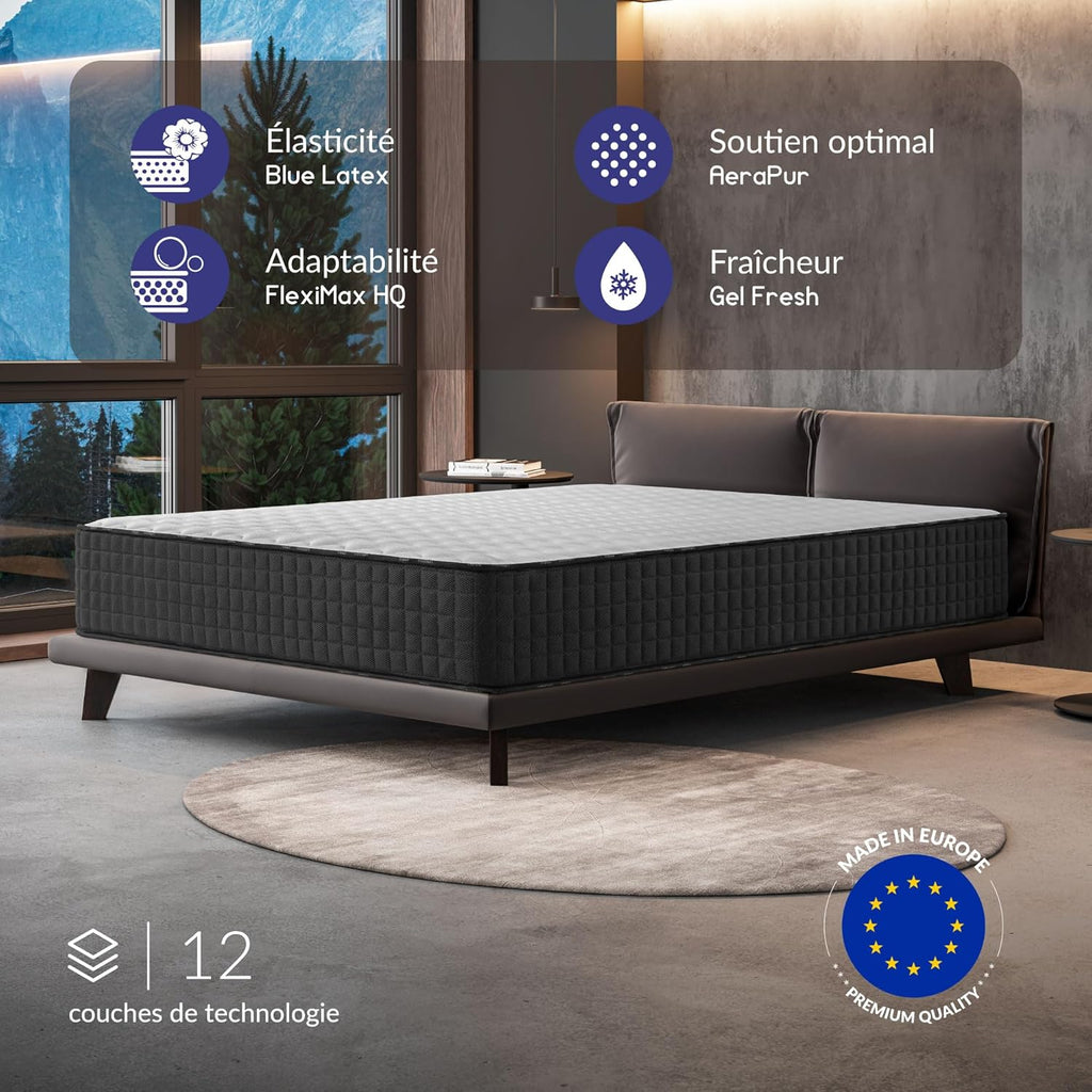 NATURALEX - Matelas Titanium 140x200 cm - 30 cm - Mousse à mémoire de Forme + Blue Latex - Soutien Ferme - Thermorégulateur - Hypoallergénique - Respirant - 7 Zones - Réversible Face été/Hiver
