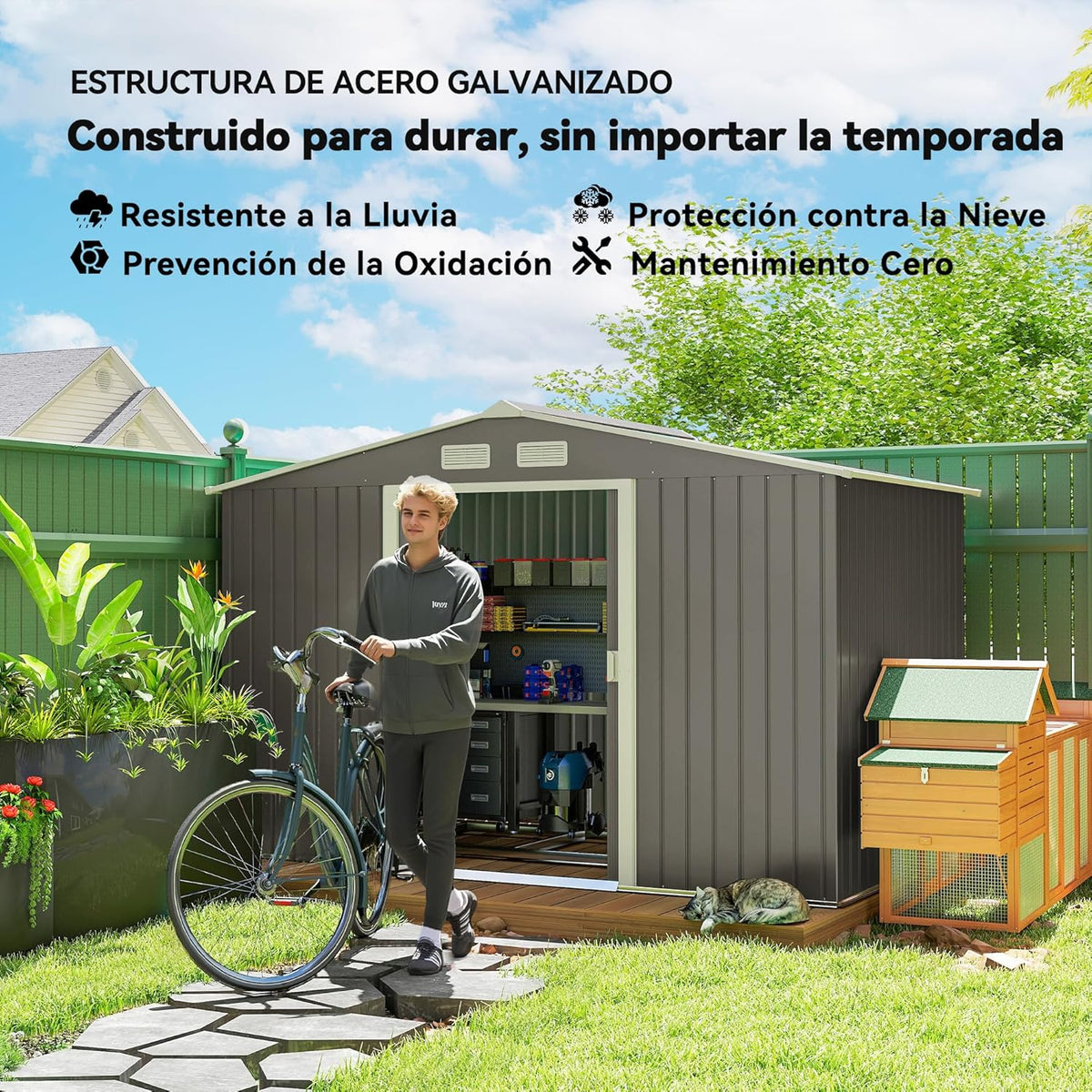 Outsunny Abri de Jardin en métal 5,4 m² cabane de Jardin 277 x 195 x 192 cm cabanon Rangement Outils avec kit de Fondation, Porte coulissante verrouillables et 4 aérations - Gris