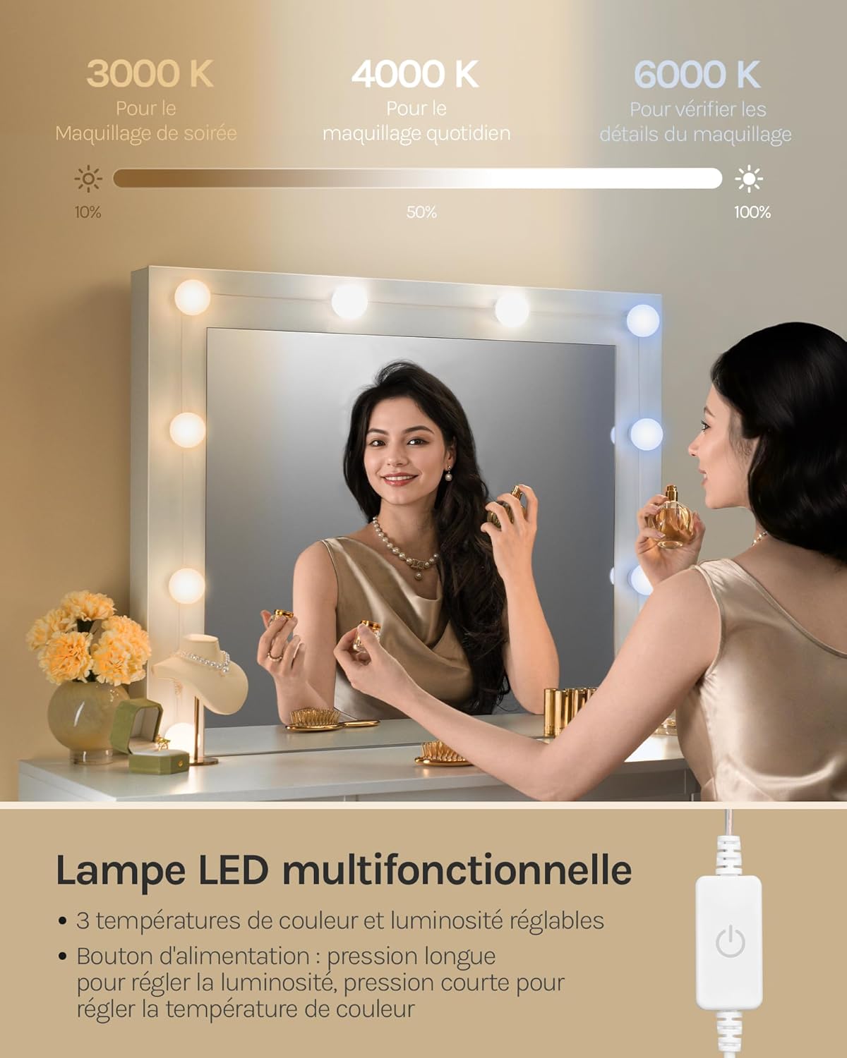 WOLTU Coiffeuse avec Miroir LED et Tabouret, Luminosité Réglable, avec 7 Tiroirs, 107x39,5x140,5cm, Blanc