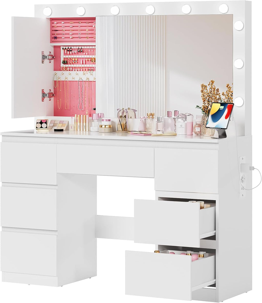 Airfish Coiffeuse avec 12 Ampoules LED et Grand Miroir, Éclairage Réglable, 120x40x140cm, Table de Maquillage avec Multiprise, Rangement pour Bijoux Derrière Le Miroir et 7 Tiroirs