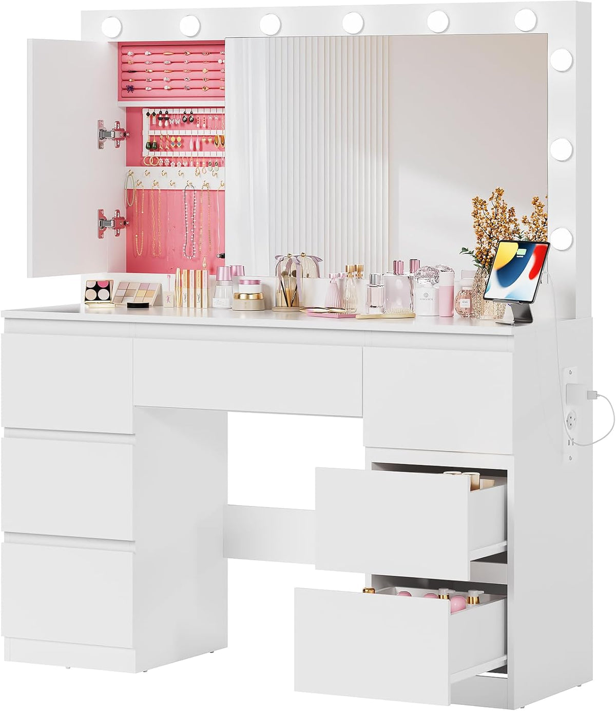 Airfish Coiffeuse avec 12 Ampoules LED et Grand Miroir, Éclairage Réglable, 120x40x140cm, Table de Maquillage avec Multiprise, Rangement pour Bijoux Derrière Le Miroir et 7 Tiroirs
