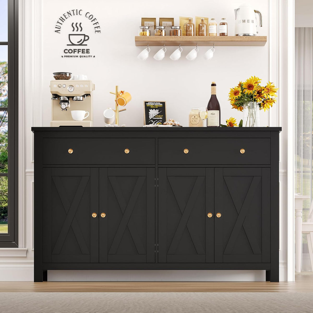 FirFurd Buffet Cuisine Meuble de Cuisine Rangement Buffet avec 4 Portes 2 Tiroirs Étagères Réglables Meuble de Rangement pour Salon Salle à Manger 140x40x89 cm Noir