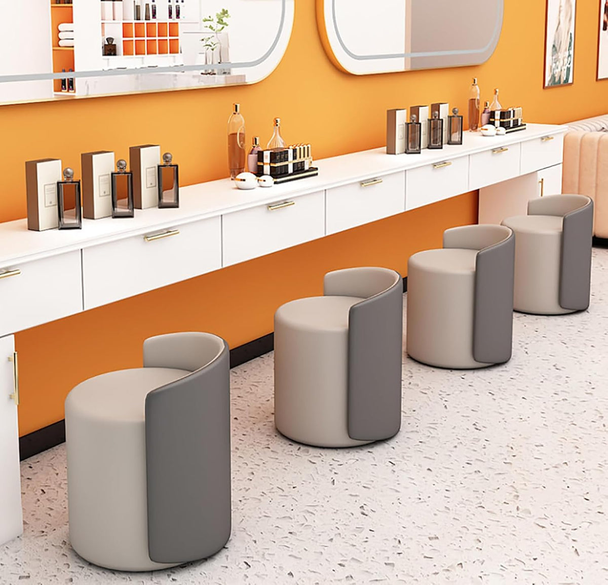 Tabouret de coiffeuse pivotant à 360 ° avec dossier bas pour chambre à coucher et étude, siège confortable gris pour beauté et toilettage