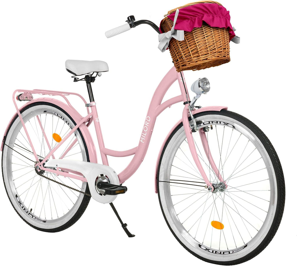 MILORD. Vélo Confort Rose à 1 Vitesse de 26 Pouces avec Panier et Porte-Bagages arrière, vélo néerlandais, vélo pour Femme, vélo de Ville, rétro, Vintage