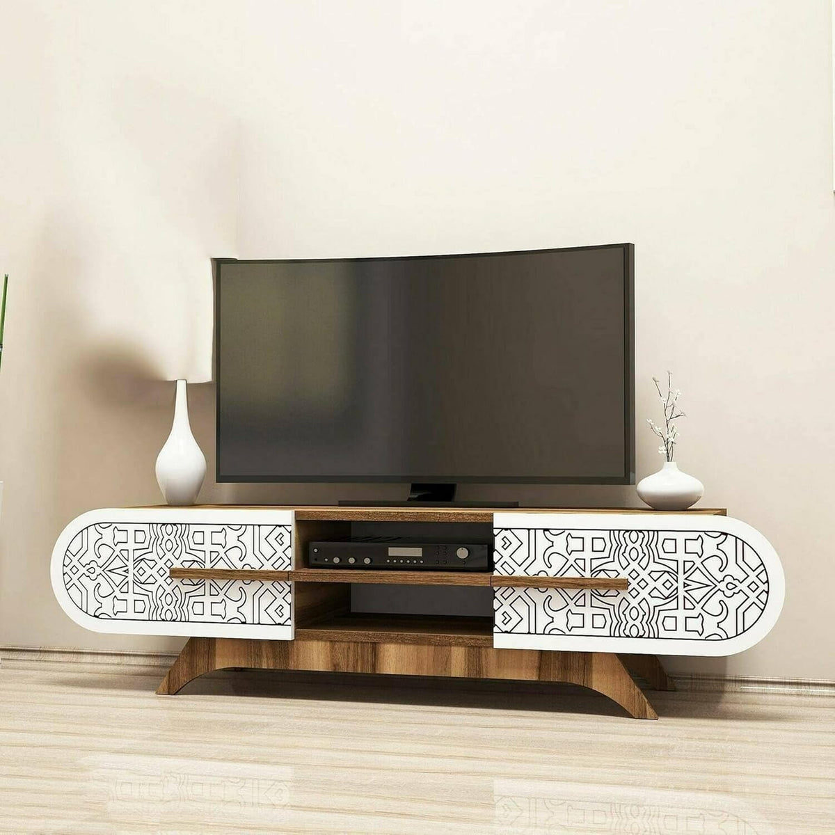 Dmora - Meuble TV Alud, Buffet de Salon, Armoire Basse pour TV, Base Murale équipée, 145x37h37 cm, Noyer et Blanc