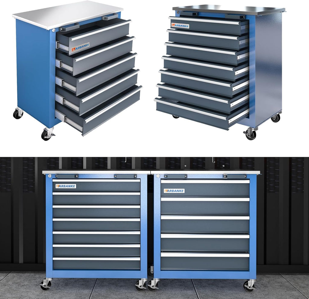 LARBANKE Commode à outils combinée à 12 tiroirs avec plan de travail en acier inoxydable, système de verrouillage, meuble de rangement à outils avec roulettes et pieds rembourrés