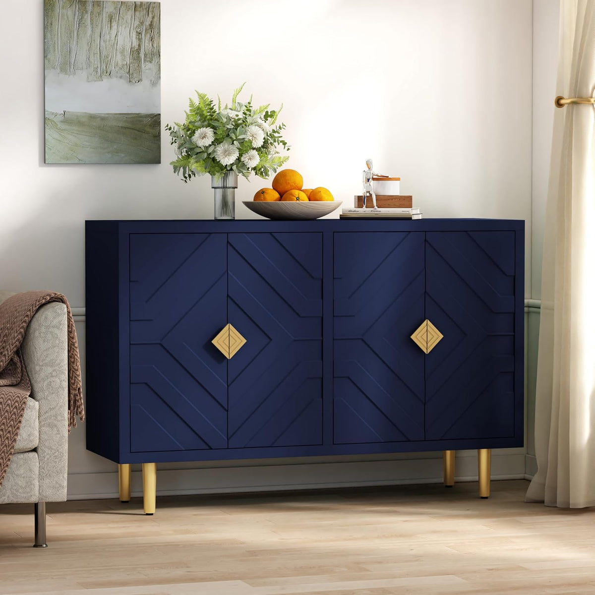 HOLTICO Commode buffet 4 portes, armoire de cuisine, rangement, salon, cuisine, chambre - Bleu