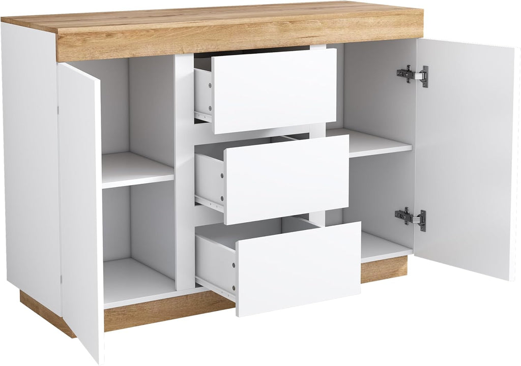 Merax Commode moderne avec 2 portes et 3 tiroirs pour salon, salle à manger et chambre à coucher, 120,5 x 40,2 x 82,5 cm, blanc et bois