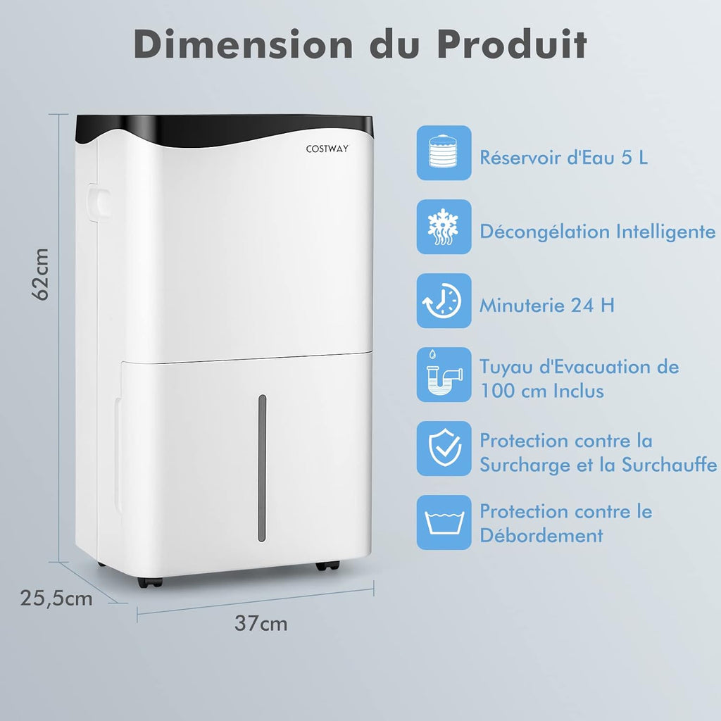 COSTWAY Déshumidificateur Portable 50L/Jour avec Réservoir 5L pour Pièces jusqu'à 100m², 2 Vitesses de Ventilation Minuterie 24H 4 Modes Contrôle WiFi, pour Maison et Bureau