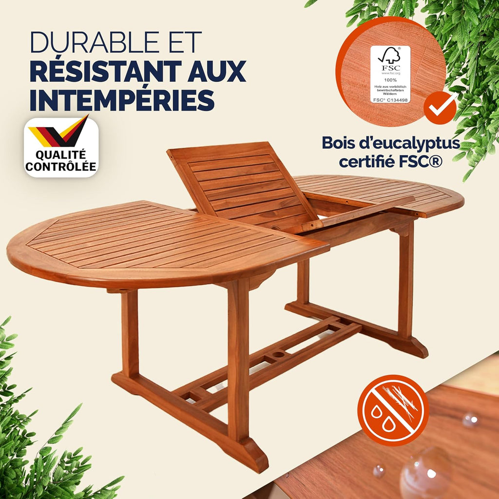 Casaria Table de Jardin Vanamo en Bois d'eucalyptus 200x100x74cm Table Extensible avec rallonge pour extérieur terrasse