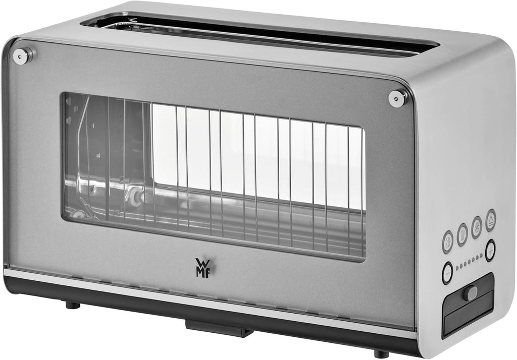 WMF Lono Grille-pain vitré avec grille réchauffe-viennoiseries, 2 tranches, XXL, support motorisé, fonction réchauffage, 7 niveaux de brunissage, grille-pain en acier inoxydable mat