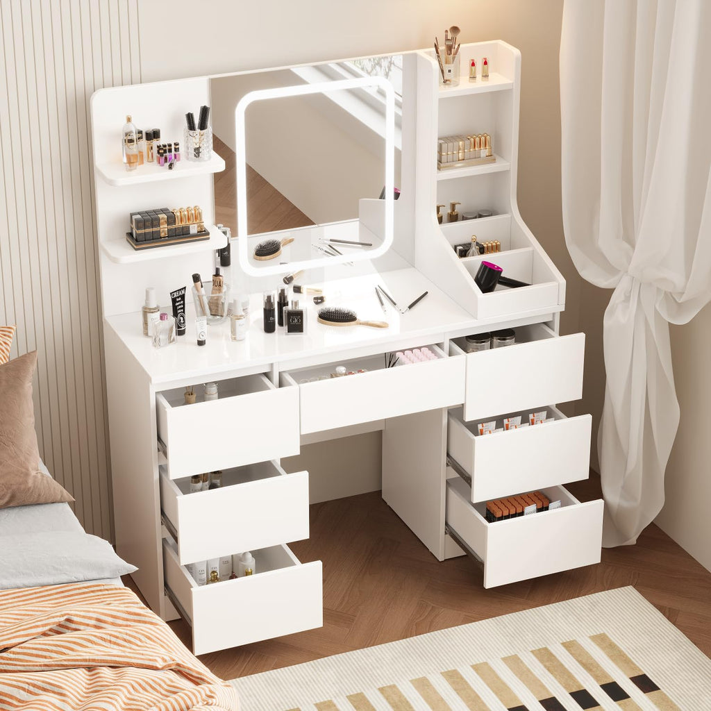 Devoko Coiffeuse LED avec 7 Grands Tiroirs, 3 Couleurs avec Luminosité Réglable, Table de Maquillage, Coiffeuse avec Miroir pour la Chambre à Coucher Blanc