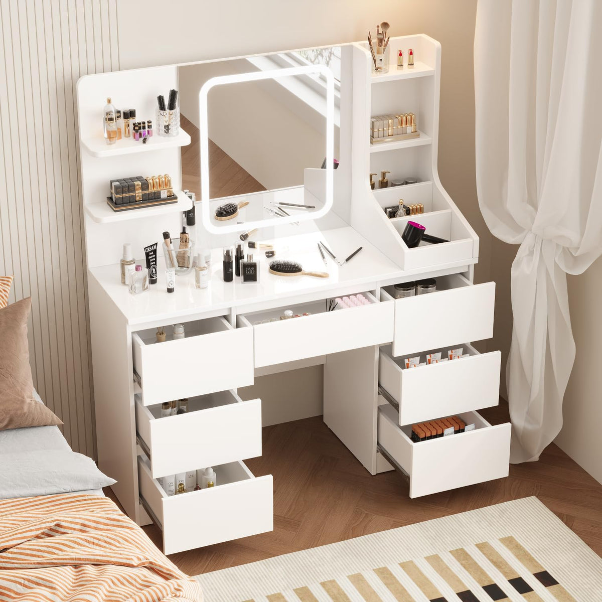 Devoko Coiffeuse LED avec 7 Grands Tiroirs, 3 Couleurs avec Luminosité Réglable, Table de Maquillage, Coiffeuse avec Miroir pour la Chambre à Coucher Blanc