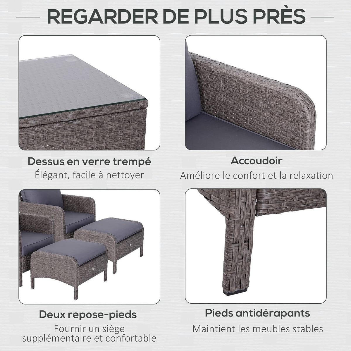 Outsunny Lot de 2 fauteuils de Jardin Grand Confort Repose-Pied Table Basse résine tressée Imitation rotin Coussins Gris