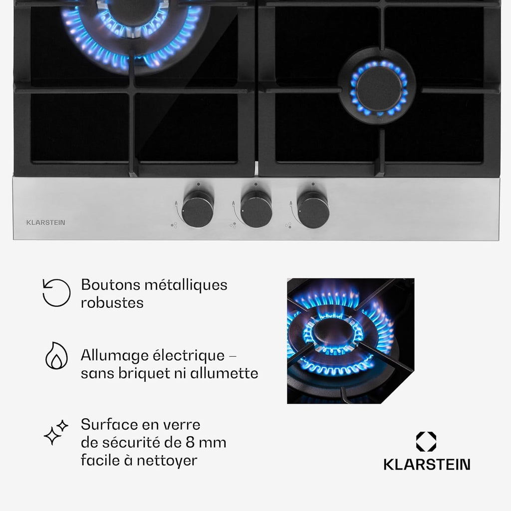 Klarstein Plaque de Cuisson Gaz 3 Feux, Table de Cuisson à Gaz à 3 Brûleurs, 6.2 kW, Piano Cuisine Gaz Encastrable en Acier Inoxydable