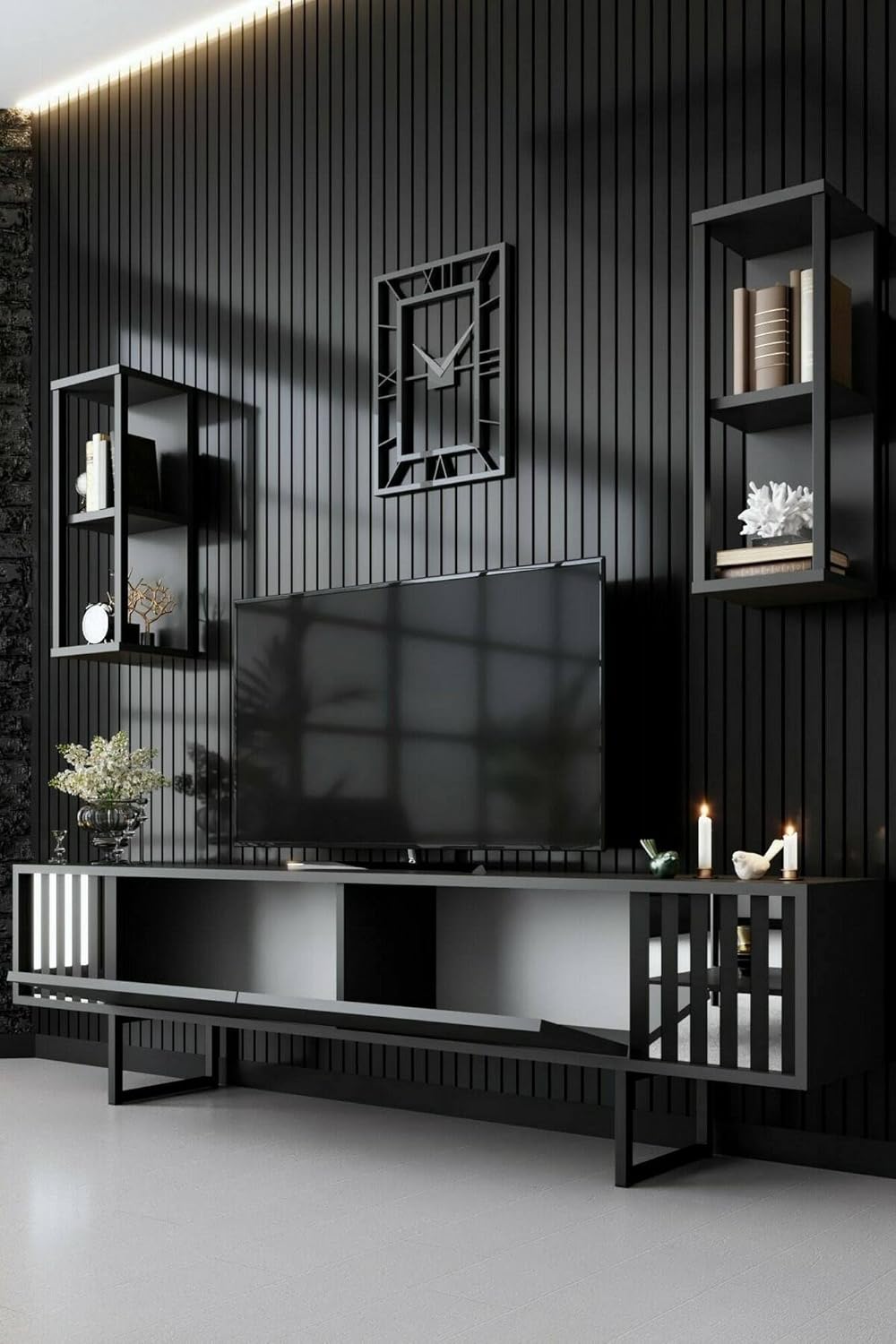 Dmora - Meuble TV Ananke, Buffet de Salon, Armoire Basse pour TV, Base Murale de Rangement, 180x30h48 cm, Anthracite et Noir