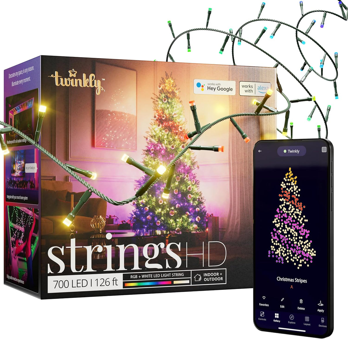 Twinkly - Strings HD - Guirlandes de Noël LED contrôlées par application avec 700 LED RVB 16 millions de couleurs plus blanc chaud, 38,5 mètres, Câble vert
