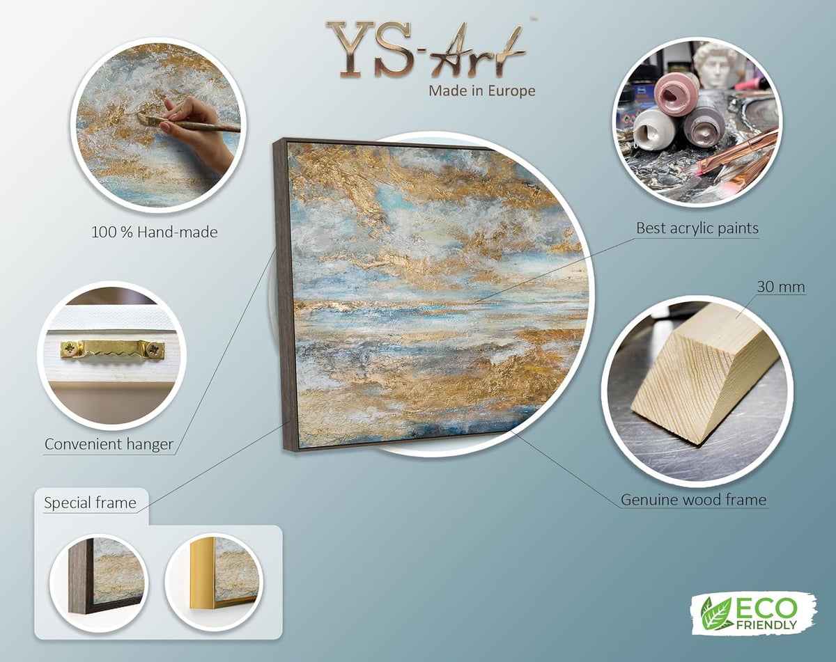 YS-Art Tableau fait à la main dans un cadre Baie d'or Paysage marin aube sur l'océan tons bleus et or Peinture abstraite Décoration 120x60 cm