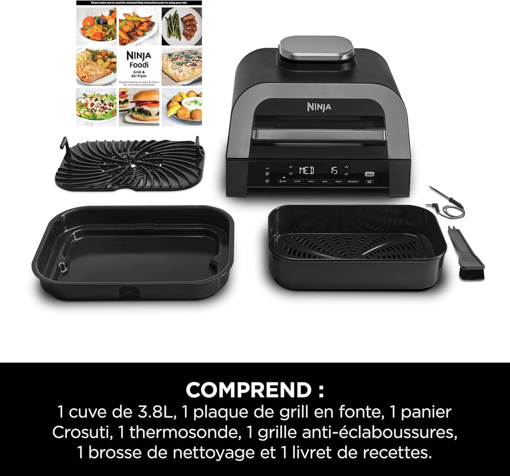 Ninja MAX 6-en-1 Grill d’intérieur et friteuse sans huile, 6 modes, cuit jusqu’à 6 hamburgers, capacité 3,8 l, faible dégagement de fumée, thermomètre à viande numérique inclus, Gris/Argent, DG551EU
