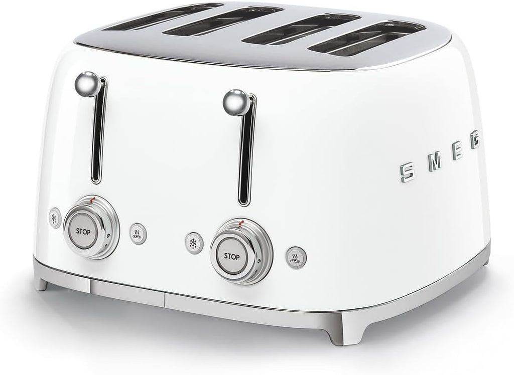 Smeg, Grille-pain 4 Tranches TSF03WHEU, 4 Fentes 36 mm, 6 Niveaux de Brunissage, Fonction Chauffage, Décongélation et Bagel, Éjection Automatique du Pain, 2 Ramasse Miettes, 2000 W, Blanc