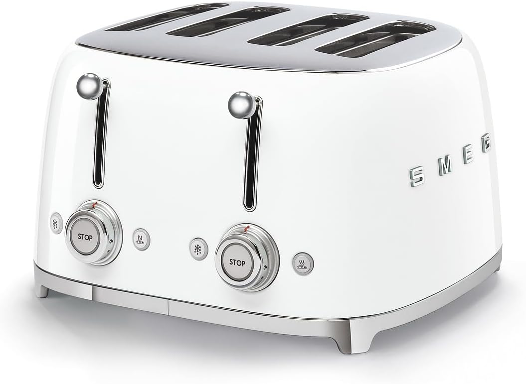 Smeg, Grille-pain 4 Tranches TSF03WHEU, 4 Fentes 36 mm, 6 Niveaux de Brunissage, Fonction Chauffage, Décongélation et Bagel, Éjection Automatique du Pain, 2 Ramasse Miettes, 2000 W, Blanc