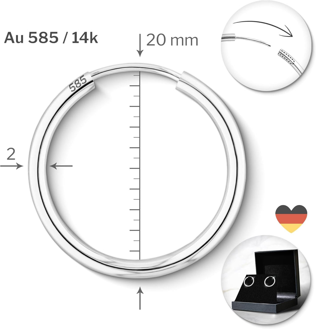 Boucles D'Oreilles Rondes Classiques Or Blanc 585/1000 Petites Créoles pour Femme - Diamètre 20 mm, Largeur 2 mm