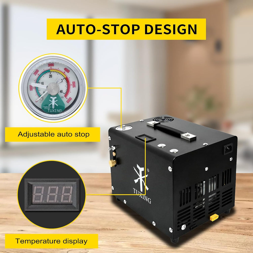 TUXING Compresseur d'air PCP 4500 psi/30 Mpa, arrêt automatique, pistolet et pompe de paintball avec séparateur eau/huile, alimentation intégrée (220 V AC ou batterie)
