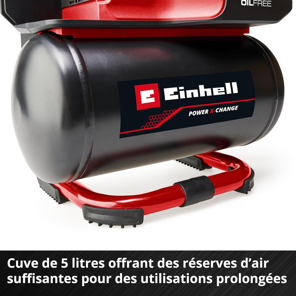 Einhell Compresseur sans fil TE-AC 18/75 Li OF-Solo Power X-Change (18 V, 8 bar max., cuve de 5 l, capacité de pompage de 75 l/min, 2 manomètres, sans lubrification, sans batterie)