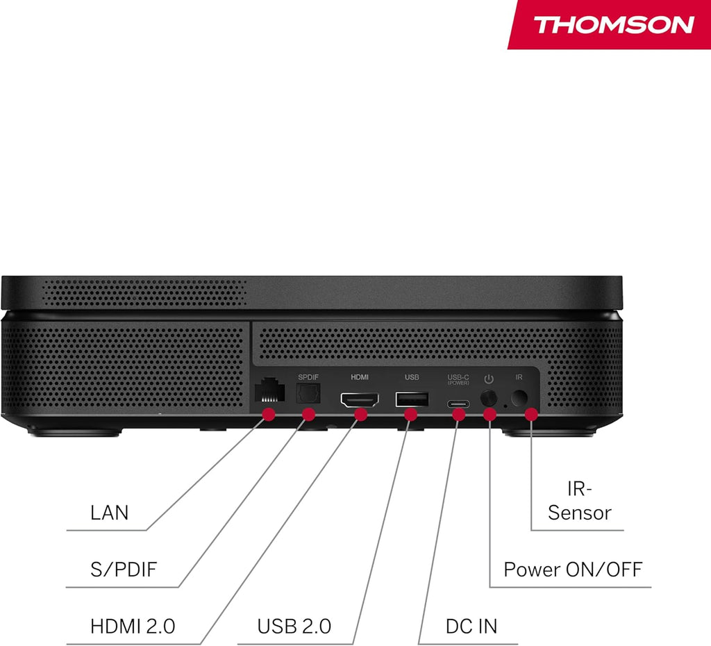 Thomson Sirius PG55B Projecteur Laser Intelligent Portable avec Google TV, Batterie Intégrée, Ultra Courte Focale, 600 Lumens ANSI, HDR10+, Dolby Audio, Mise au Point Automatique, WiFi, Bluetooth–Noir