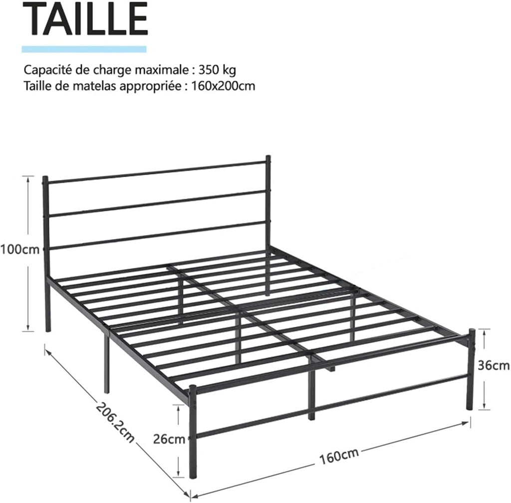 CEYIRO Ensemble Matelas 160x200 et Lit 160x200cm et Couette 220x240 et 2Oreillers60x60cm (Pack Matelas 160x200+Lit Métal avec Tête)