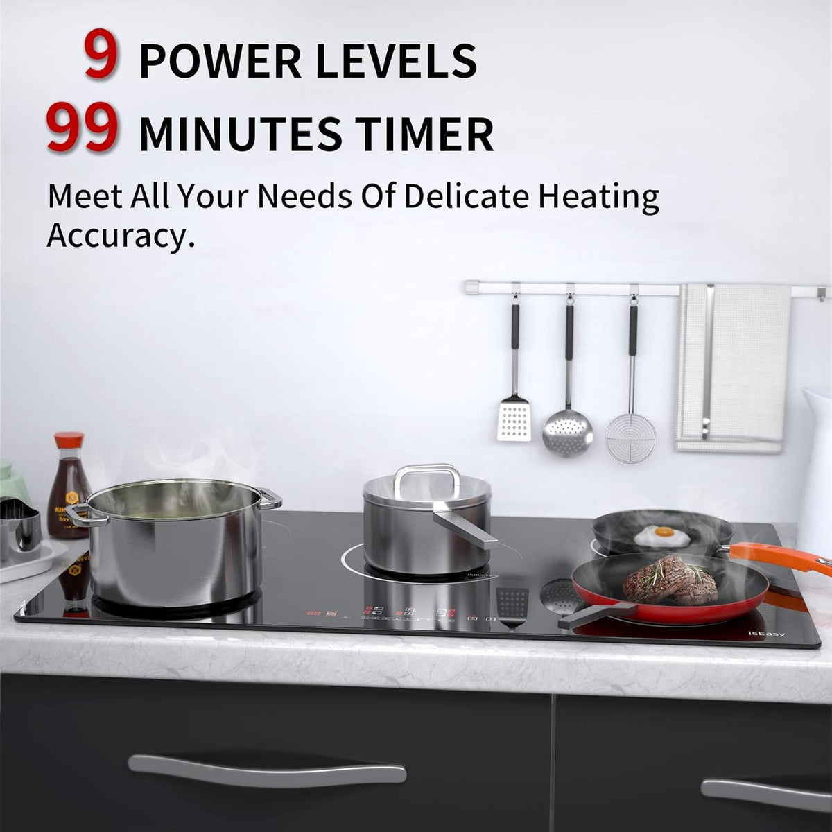 IsEasy Plaque Induction 5 Feux, Plaque de Cuisson Induction 5 Foyers, Encastrable, 8600W, Booster, Minuterie, Commande Tactile, Verrou Enfants, 90cm