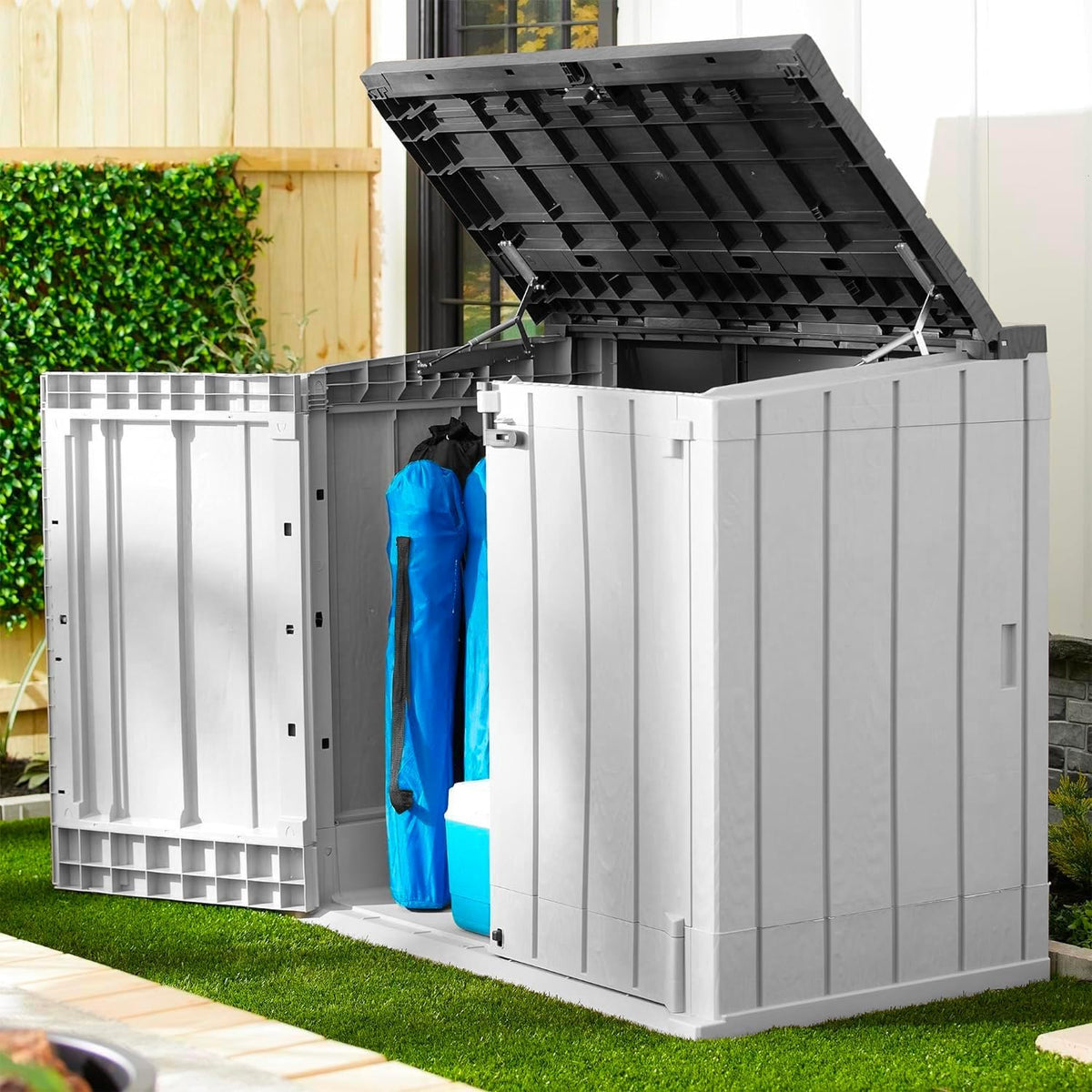 Avilia Caisse multifonction d'extérieur à 2 portes – Coffre de rangement et outils effet bois, résistant aux intempéries, 842L, 74,5 x 129,5 x 111 cm, en polyuréthane, anthracite